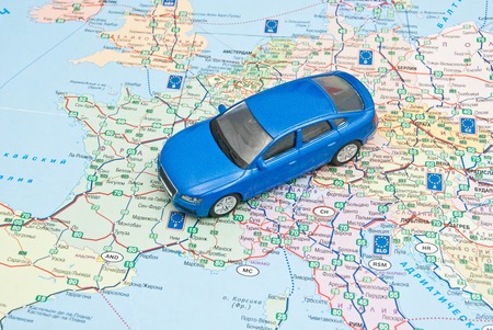blue car on the map of Europe closeupの写真素材