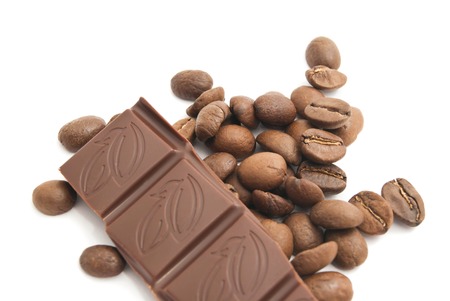 coffee beans and dark chocolate on white backgroundの写真素材