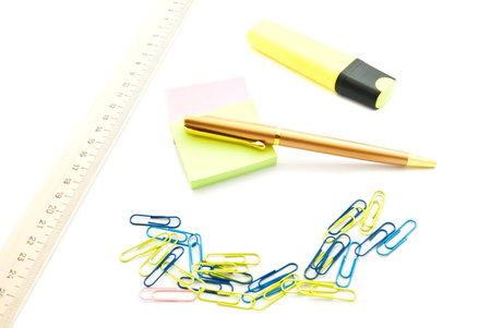 stickers, pen and other stationery on white