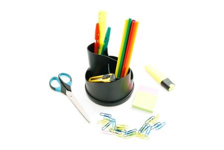 pens, pencils and other stationery closeup on whiteの写真素材