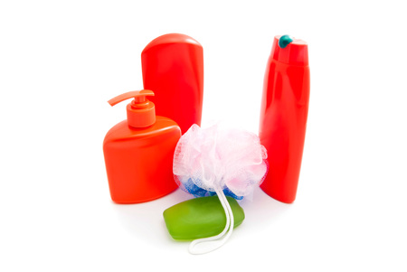shampoo, shower gel and soap closeup on whiteの写真素材