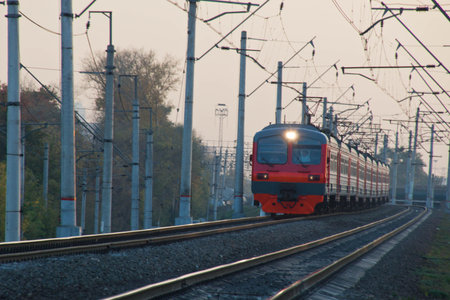 Movement of trains on rails during the dayの写真素材