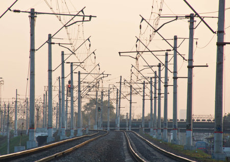 railroad tracks on a bridge in the cityの写真素材