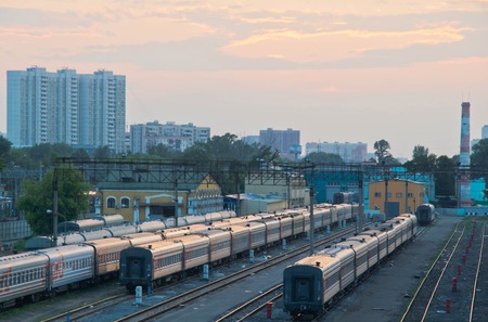 trains in a railway depot in the eveningの写真素材