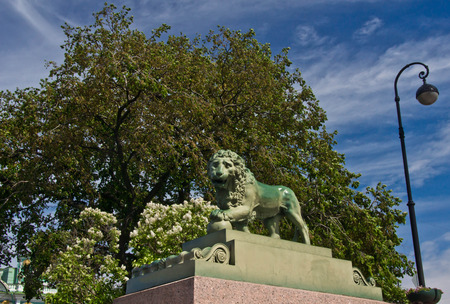 lion monument on the street under a big treeの写真素材