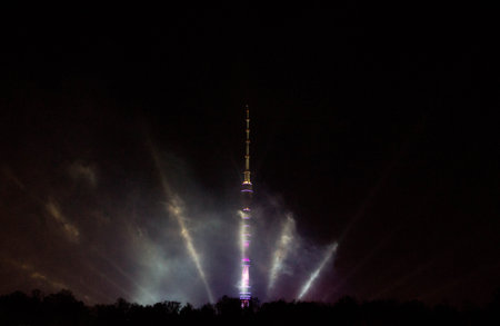 big beautiful tower against the evening skyの写真素材