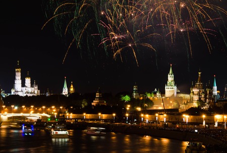 colored fireworks in the sky over Moscow Kremlinの写真素材