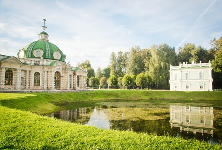 Two small antique houses on the shore of the pondのeditorial素材