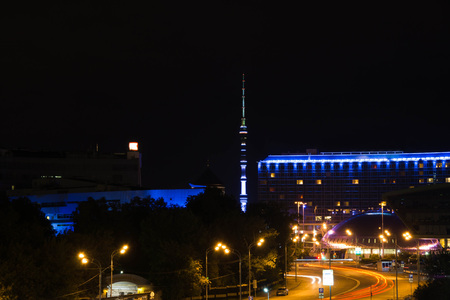 view of television tower at summer nightの写真素材