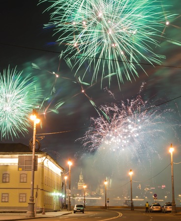 Colorful fireworks on a holiday in the city centerの写真素材