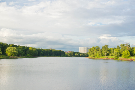 view of the pond in the park on a summer dayの写真素材