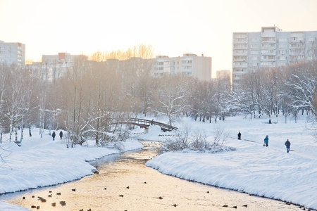 People near the river in the city park in the winterの写真素材
