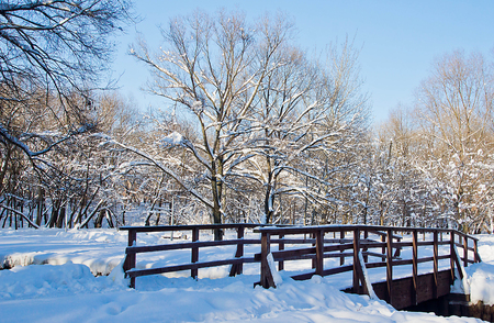 wooden bridge in city park on a winter dayの写真素材