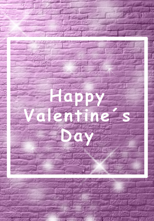 happy valentine day lettering in front of aged white brick wall. beautiful purple pink tone and white fontの写真素材