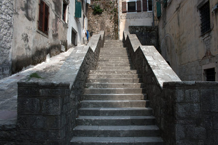 A general view of a stairin the city center of Kotor Montenegroの写真素材