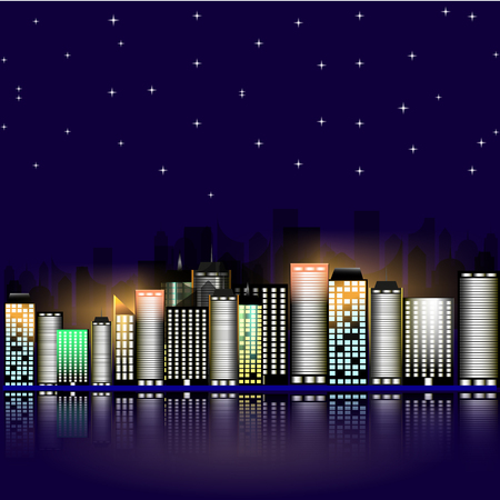 Night city with stars. Night sky in the town. Illustration. Abstract background with buildings and stars.のイラスト素材