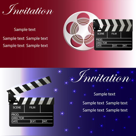 Movie concept template with movie clapper, movie reel. Two variants of invitation .のイラスト素材