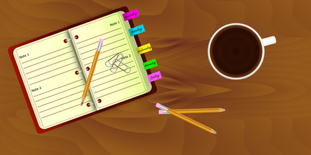 Top view of realistic work desk organization with open organizer and stickers with editing remarks, cup of coffee, pencils, paper clips on the table with wooden texture.のイラスト素材