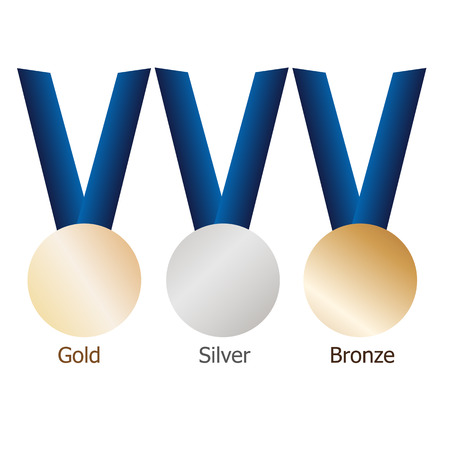 Gold medal, silver medal, bronze medal on blue ribbons with shiny metallic surfaces. Isolated gold, silver, bronze medals on white background.Vector setのイラスト素材