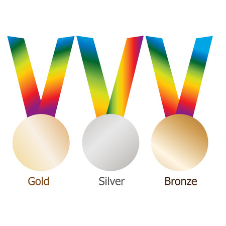 Gold medal, silver medal, bronze medal on multicolor ribbons with shiny metallic surfaces. Isolated gold, silver, bronze medals on white background.Vector setのイラスト素材