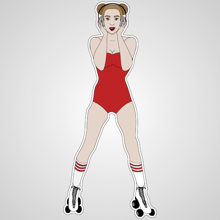 Vector pop-art girl with headphones on rollerskatesのイラスト素材