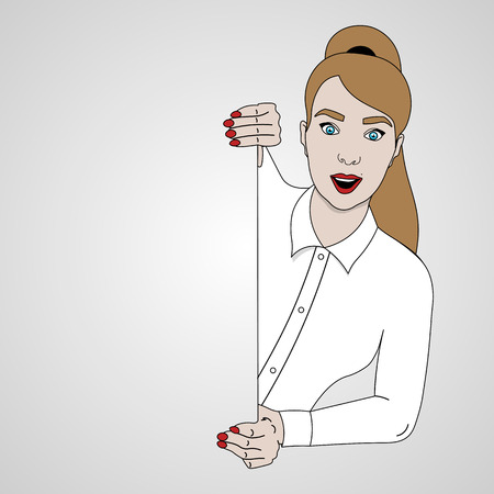 vector illustration of girl looks to the right from the banner and smiling in shirtのイラスト素材