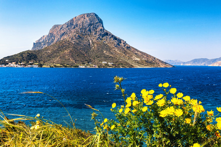 A view of the Telendos island, from Myrties village in Kalymnos island, Greece.の写真素材