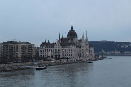 View of Parliament in Budapest in the eveningの写真素材
