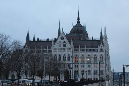 View of Parliament in Budapest in the eveningの写真素材