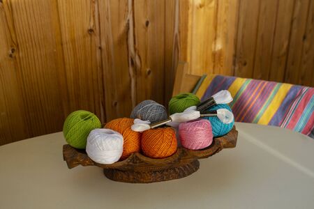 Colorful balls of thread for knittingの写真素材
