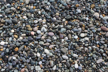 Gray black white brown pebbles stones on the beach backgroundの写真素材