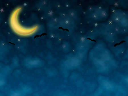 Illustration of night sky with moon, clouds, stars and batsの写真素材