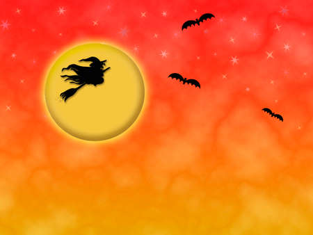 halloween night red background with moon stars witch batsの写真素材