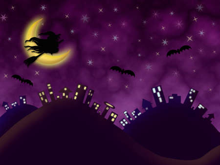 halloween night dark blue background city illustration with moon witch batsの写真素材