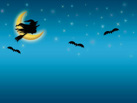 halloween night blue background with moon stars witch batsの写真素材