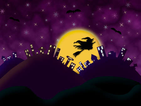 halloween night dark blue background city illustration with moon witch batsの写真素材