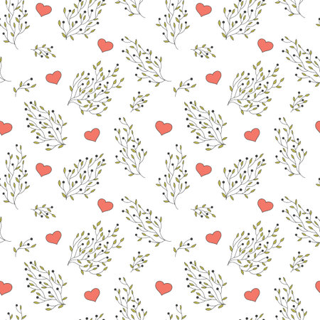 hand drawn floral seamless pattern with hearts