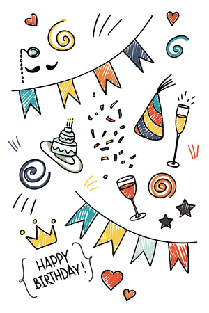 Set of hand drawn doodles, birthday themeのイラスト素材