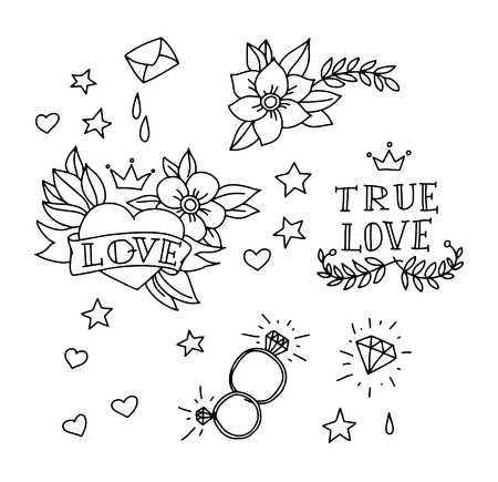 Set of hand drawn tattoo elementsのイラスト素材