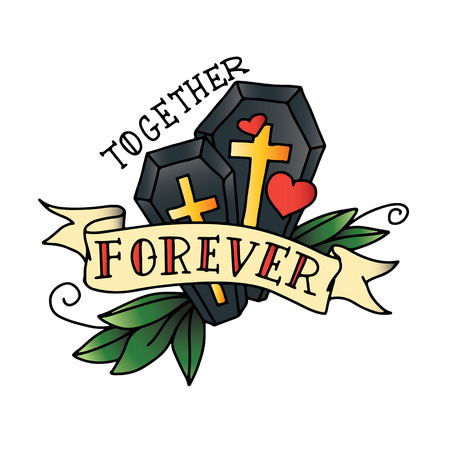 Tattoo sketch with coffins, ribbon and heartsのイラスト素材