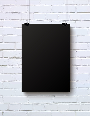 Black blank vertical poster mock-up on the white brick wall, vector illustrationのイラスト素材