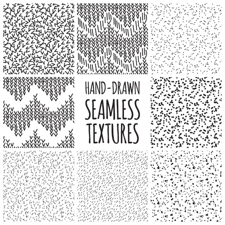 Set of eight black and white seamless hand drawn texture designs for backgrounds, vector illustrationのイラスト素材