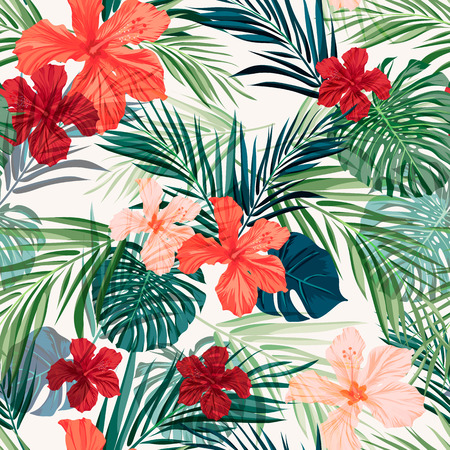 Summer colorful hawaiian seamless pattern with tropical plants and hibiscus flowers, vector illustrationのイラスト素材