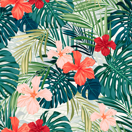 Summer colorful hawaiian seamless pattern with tropical plants and hibiscus flowers, vector illustrationのイラスト素材