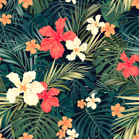 Summer colorful hawaiian seamless pattern with tropical plants and hibiscus flowers, vector illustrationのイラスト素材