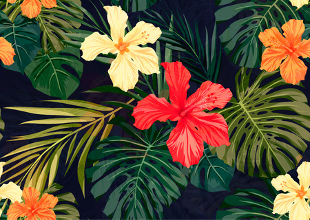 Summer colorful hawaiian seamless pattern with tropical plants and hibiscus flowers, vector illustrationのイラスト素材