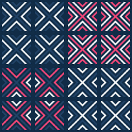 Set of four square bright contrast seamless geometrical pattern designs with rhombuses and stripes, vector illustrationのイラスト素材