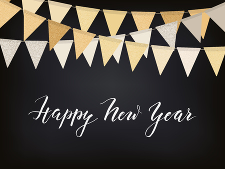 New Year background with golden flag garlands on the blackboard, vector illustrationのイラスト素材