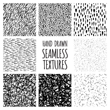 Set of eight black and white seamless hand drawn texture designs for backgrounds, vector illustrationのイラスト素材