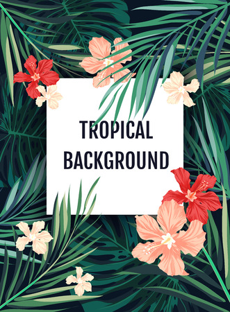 Summer tropical hawaiian sale background with palm tree leavs and exotic flowers, space for text, vector illustration.のイラスト素材